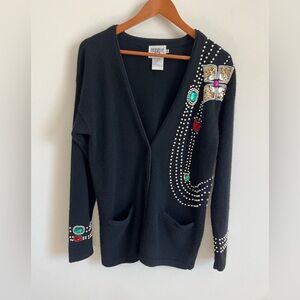 VTG Cervelle Lambswool Angora Black Jeweled Embellished Holiday Cardigan Sz S
